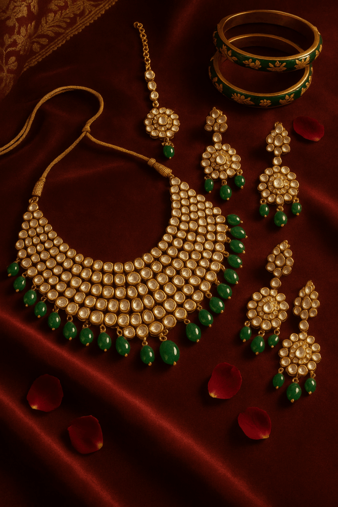 Kundan jewelry on burgundy backround