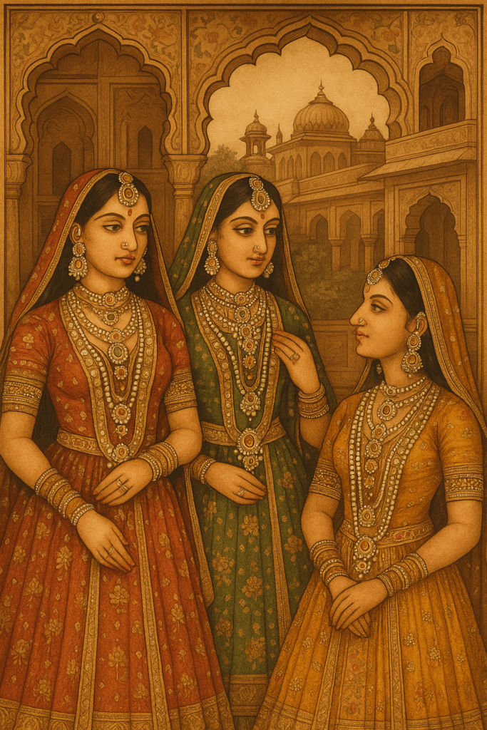 3 women wearing Kundan jewelry