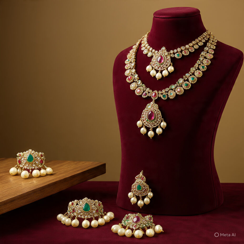 Kundan jewelry on velvet display