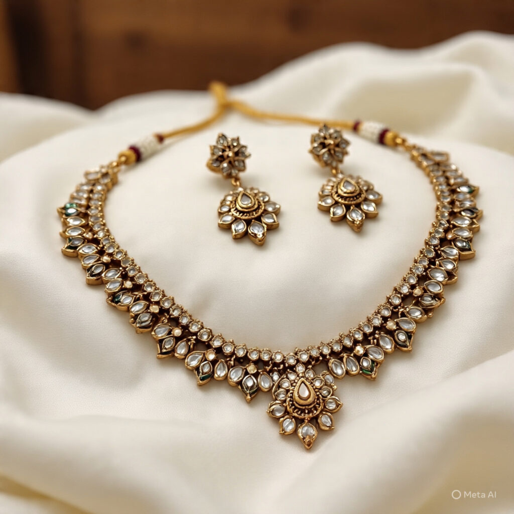 Kundan jewelry on sating display