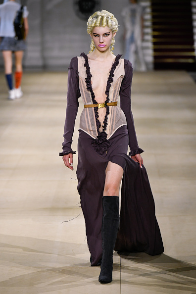 Vivienne Westwood’s Fall/Winter 2025 collection showcased a two-toned boned corset dress inspired by Jenna Ortega’s “Wednesday” Season 2 premiere tour in Paris.