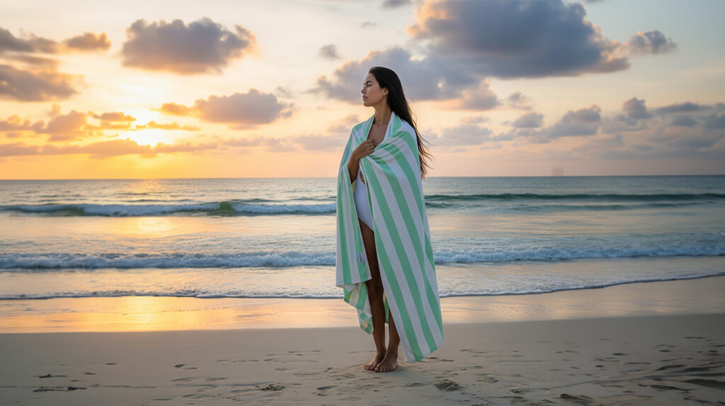 green and white striped beach towel
