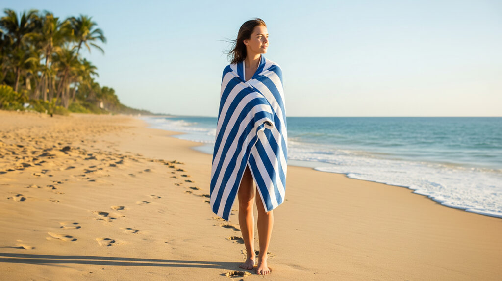 Blue and white striped beach towel