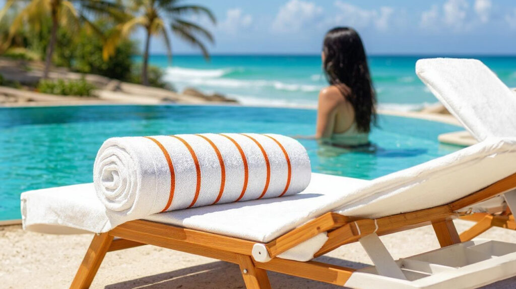 orange and white strpied  beach towel