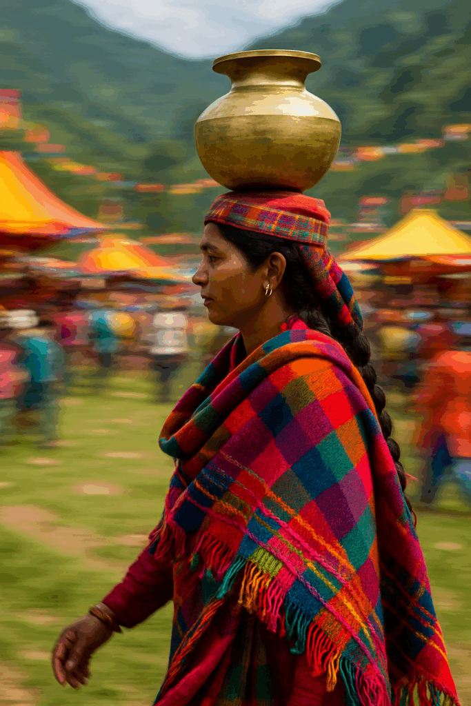 woamn with bottle on head wearing Himachal traditional dress