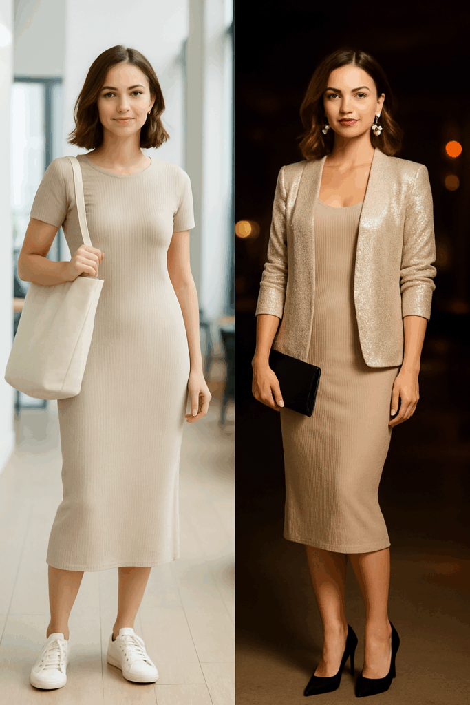 two woman wearing dresses to display day-to-night looks