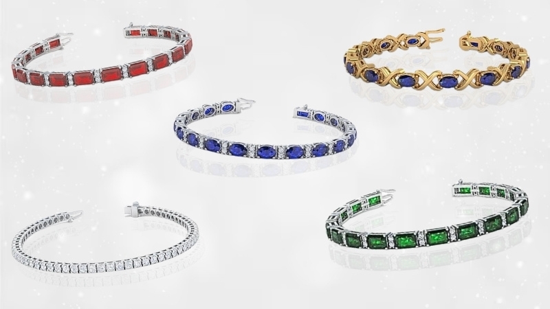 a collage of a diamond, ruby, emerald, and sapphire bracelets