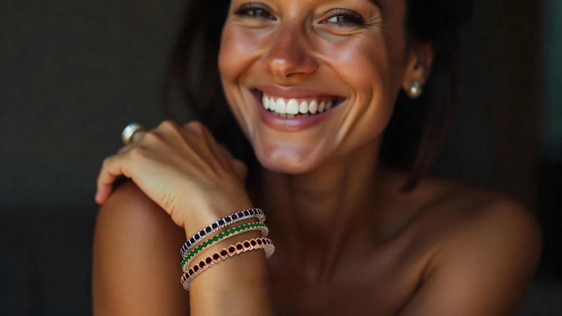 a woman wearing different gemstone bracelets layered on her wrist