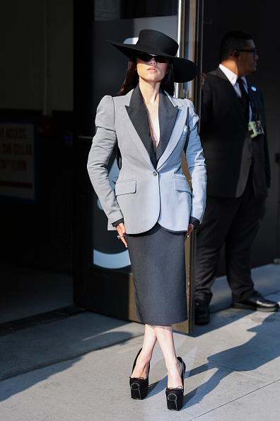 Jenna Ortega on the “Wednesday” Season 2 press tour in New York City: Willy Chavarria's wide-brimmed blazer, and pencil skirt