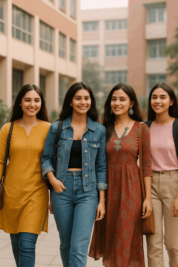 4 girls displaying various college fashion hacks
