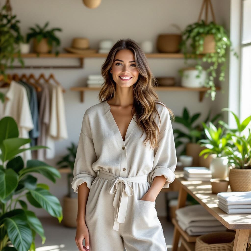 woman in white jump suit wearing Sustainable fashion