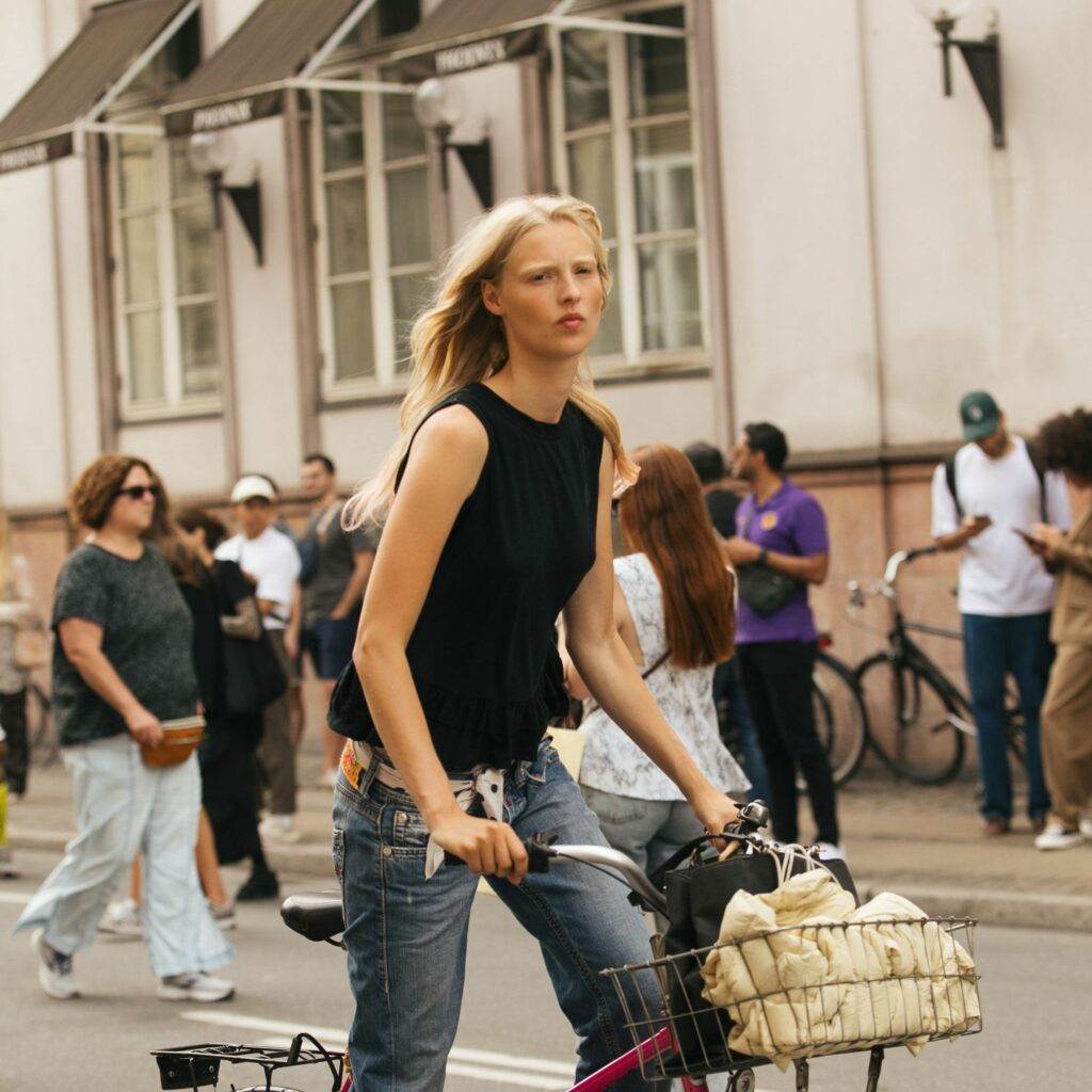 Blonde women riding bike