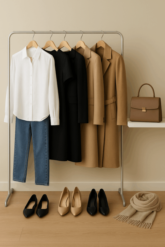 capsule wardrobe essentials 4 outfits, 3 pairs of shoes, pocketbook, and scarf on a rack