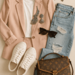 various articles of clothing including jeans, pink blazer brown bag and white sneakers