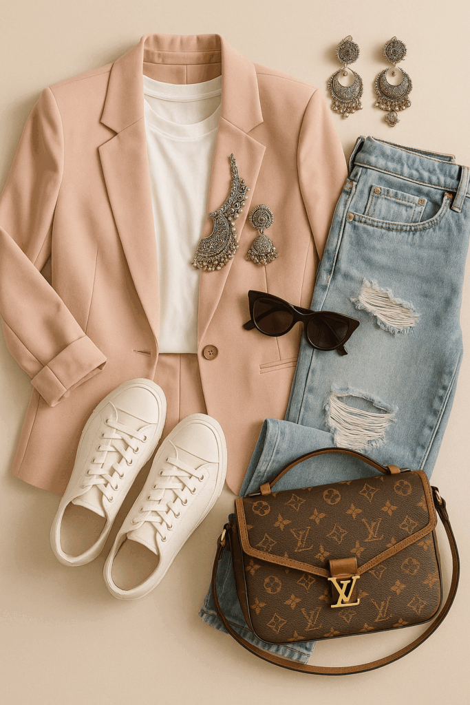 various articles of clothing including jeans, pink blazer brown bag and white sneakers