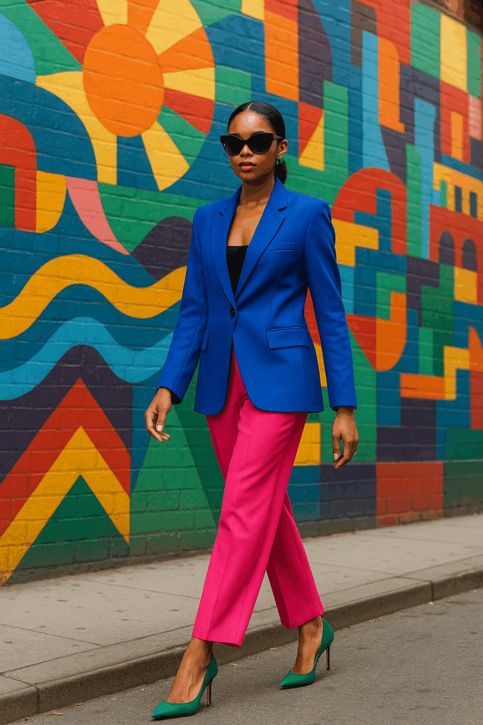 fashion trends woman wearing blue blazer and pink slacks