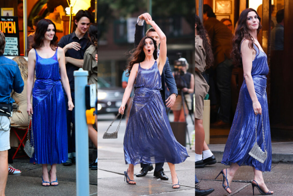 Anne Hathaway in Rabanne Metallic Mesh Midi Dress