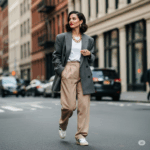 model in long gray blazer to display what's trending in fashion