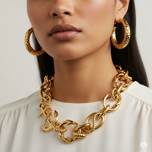 Model wearing heavy gold jewelry to display what's trending in fashion