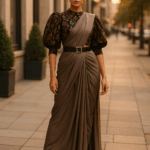 WOMAN WEARING A BROWN TRADITIONAL INDAIN SAREE