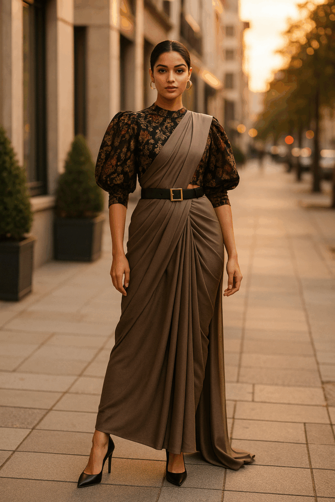 WOMAN WEARING A BROWN TRADITIONAL INDAIN SAREE
