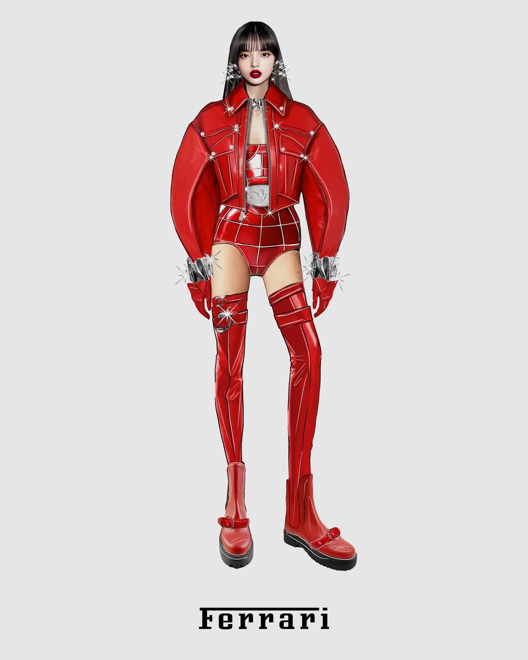 A sketch of BLACKPINK LISA in a scarlet red leather structured bike jacket, sculpted bodysuit, fishnet stockings, and thigh-high platform boots.