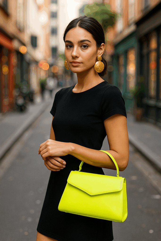 woman in bl;ack dress with green bag statement pieces