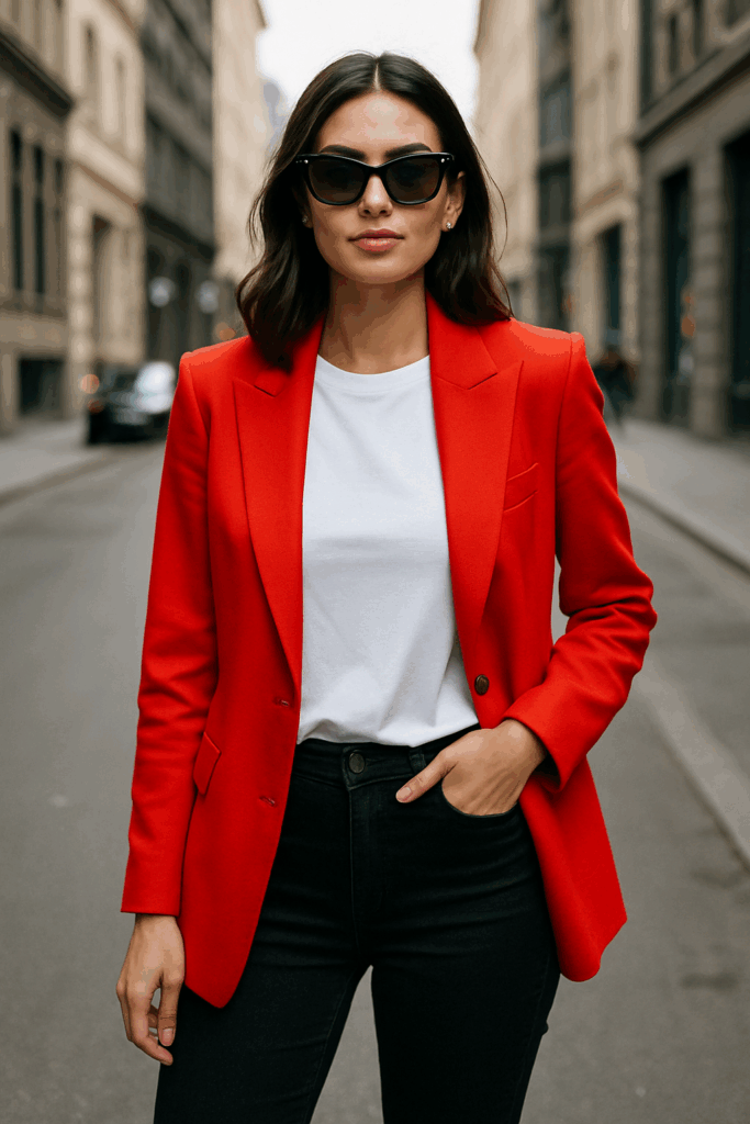 model in glasses and red blazer statement pieces
