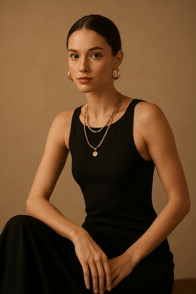 Model with black sleeveless top and gold chains