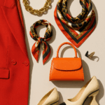 various statement pieces orange bag, scarfe etc