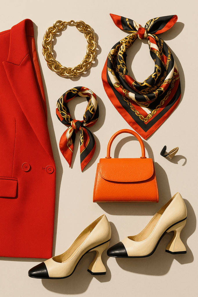 various statement pieces orange bag, scarfe etc