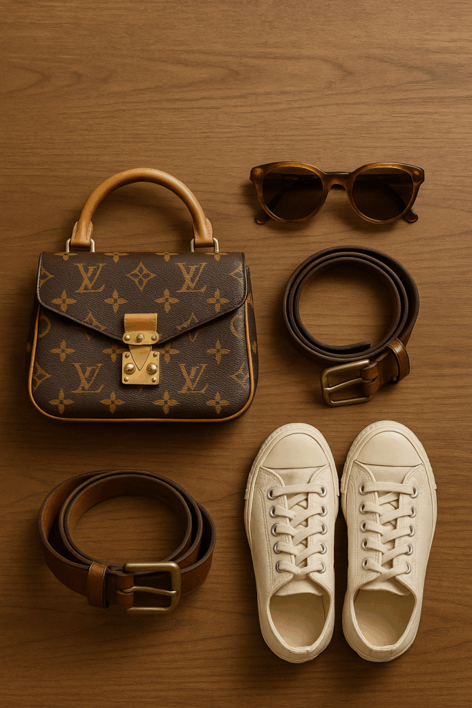 Bag, sun glasses, belt, and white sneakers accessories