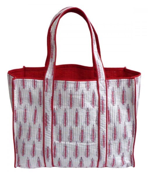 red quilted tote or cosmetic bag