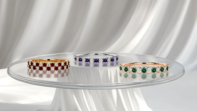 Ruby and diamond, Saphire and diamond, and emerald and diamond wedding band examples