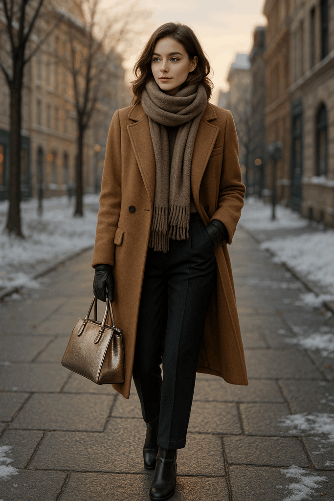 model wearing wool coat and scarf