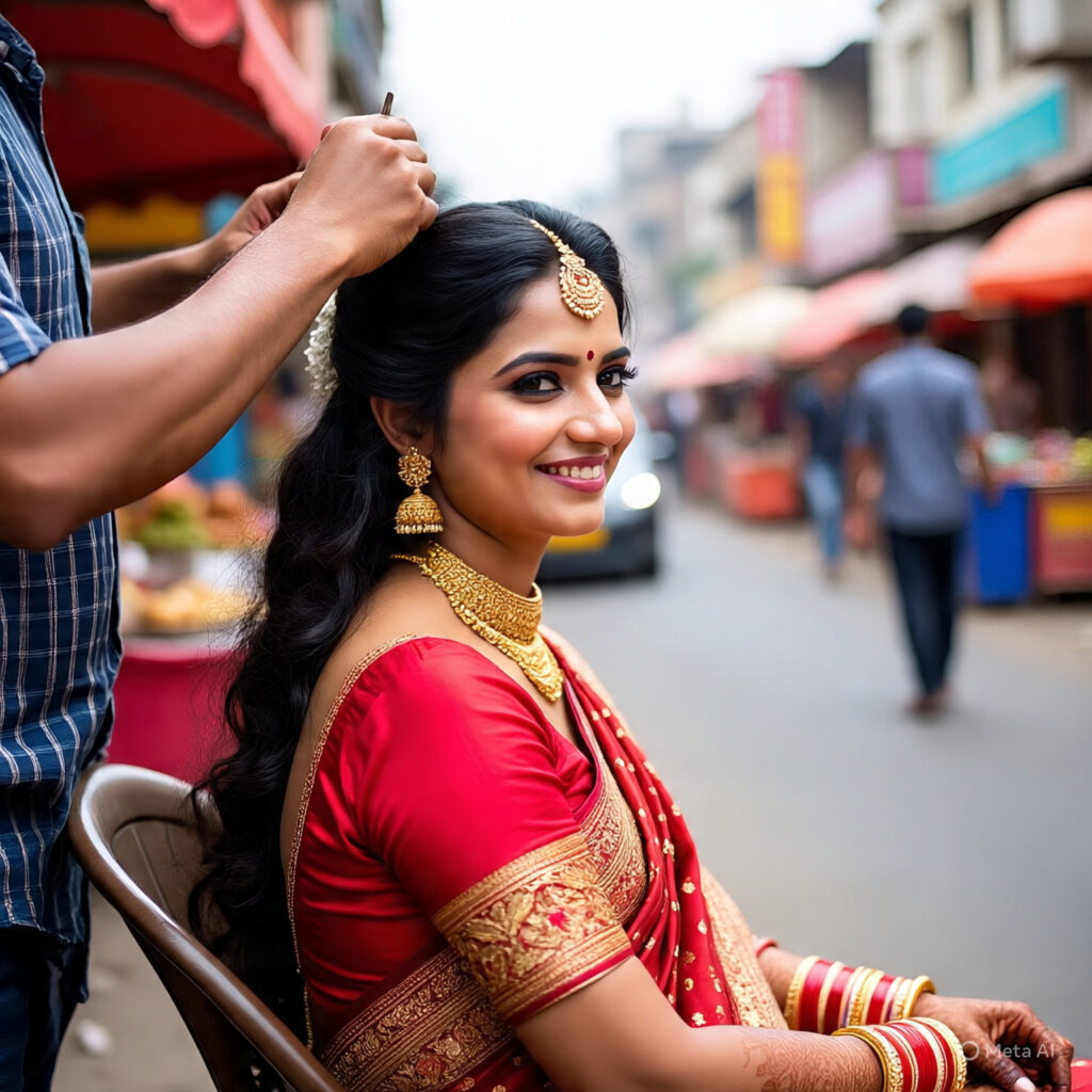 Bride having her hair done in Indore by PSS Luxe Salon