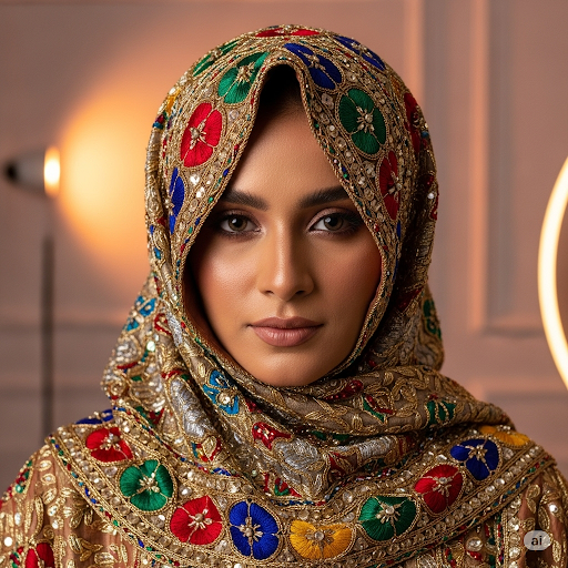 Model wearing brilliant scarf with jewels