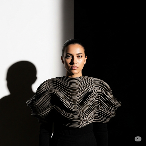 Model wearing new designers dress with ornaste collar