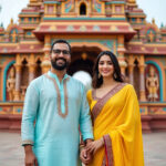 Couple in front of old building on thier Gujarat tour