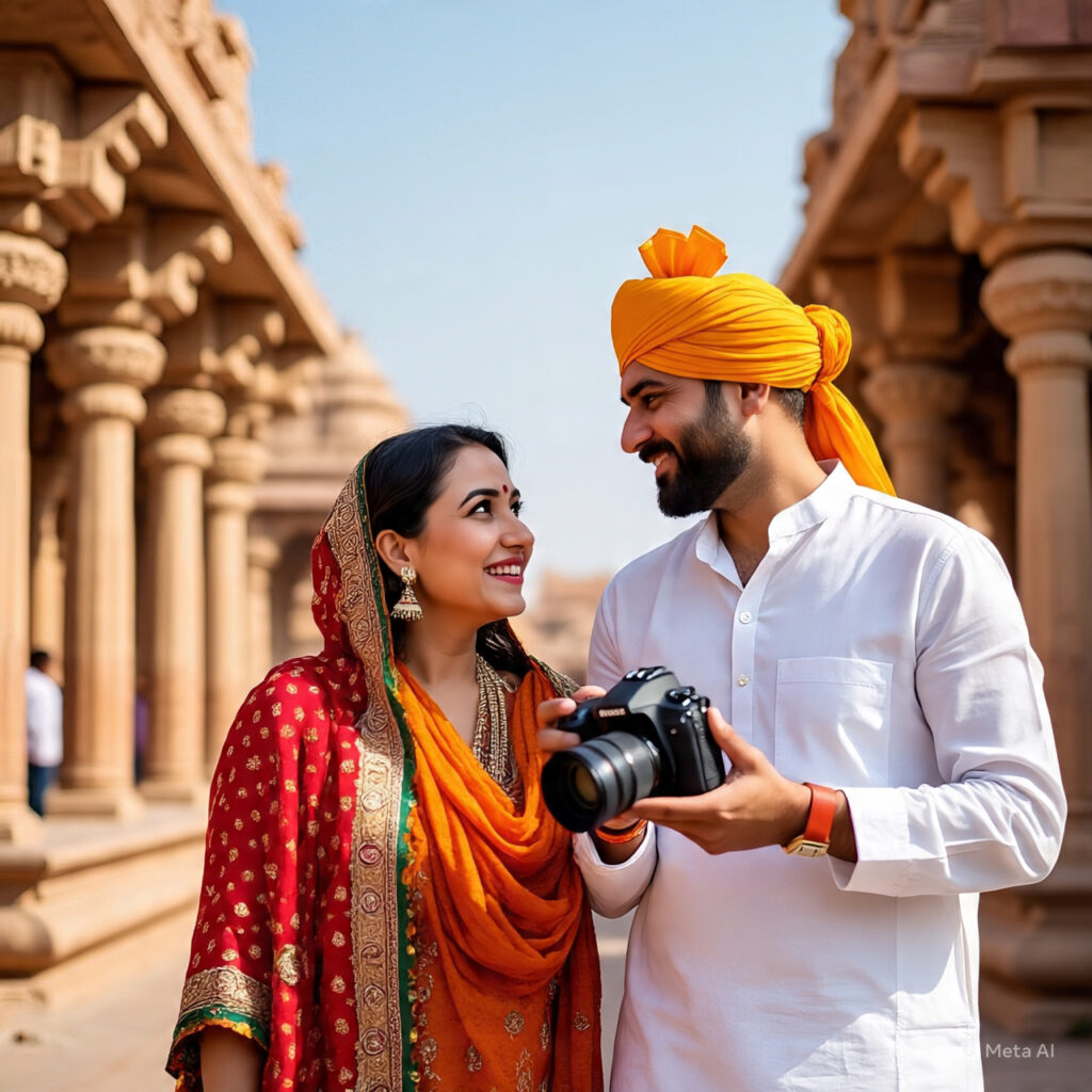 couple with camera at temples during Gujarat tour