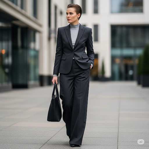 Woman in purple suit and rectangle body shape