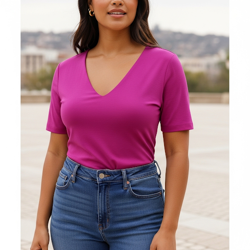 Woman in pink shirt and blue jeans displaying paer shape body shape