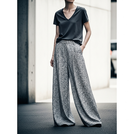 Model in baggy pants and brown v neck shirt displays the inverted triange body shape