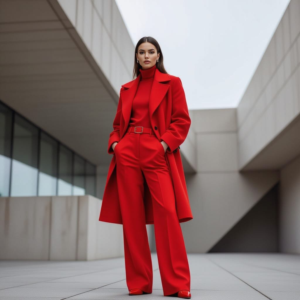 Model in red jacket, blouse, pants, belt, and shoes