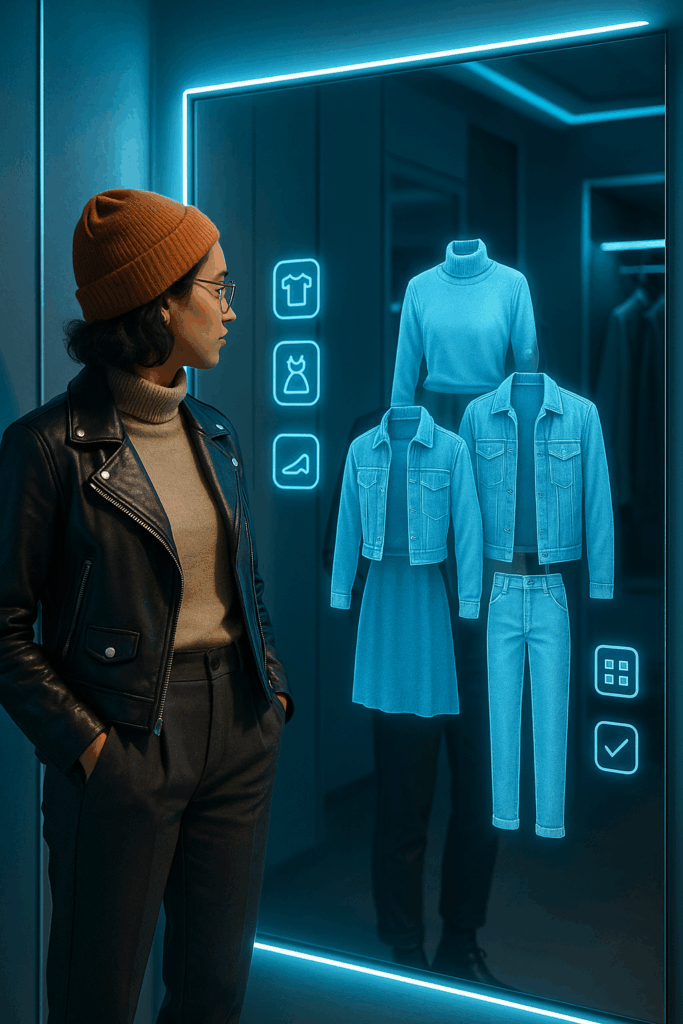 Woman looking at an image of a digital closet