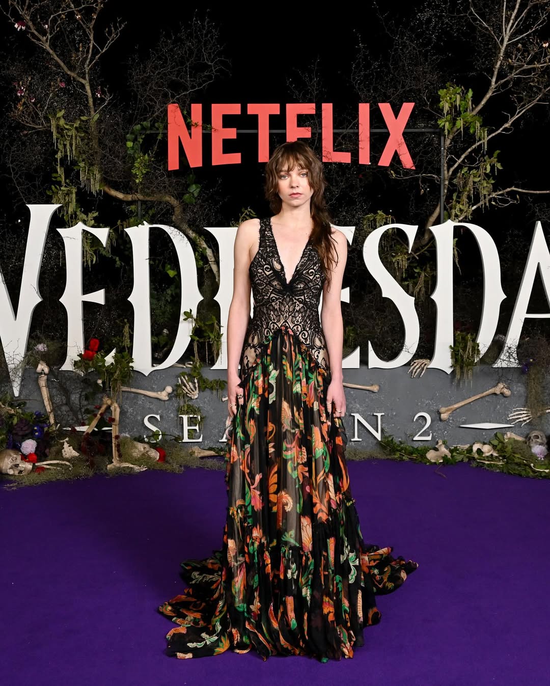 Emma Myers donned on the dark purple carpet during the “Wednesday” Season 2 press tour stop in Sydney.