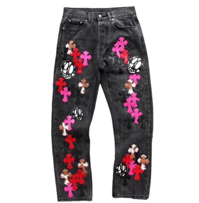Chrome Hearts jeans with colored crosses