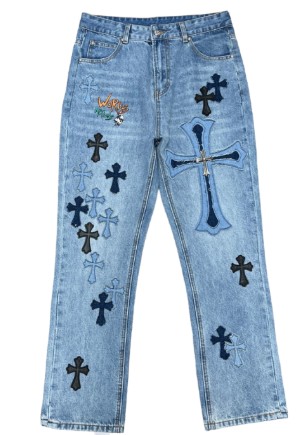 Chrome Hearts jeans with blue crosses