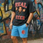 Model wearing Eric Emanuel Shorts