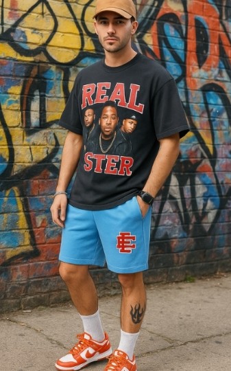 Model wearing Eric Emanuel Shorts